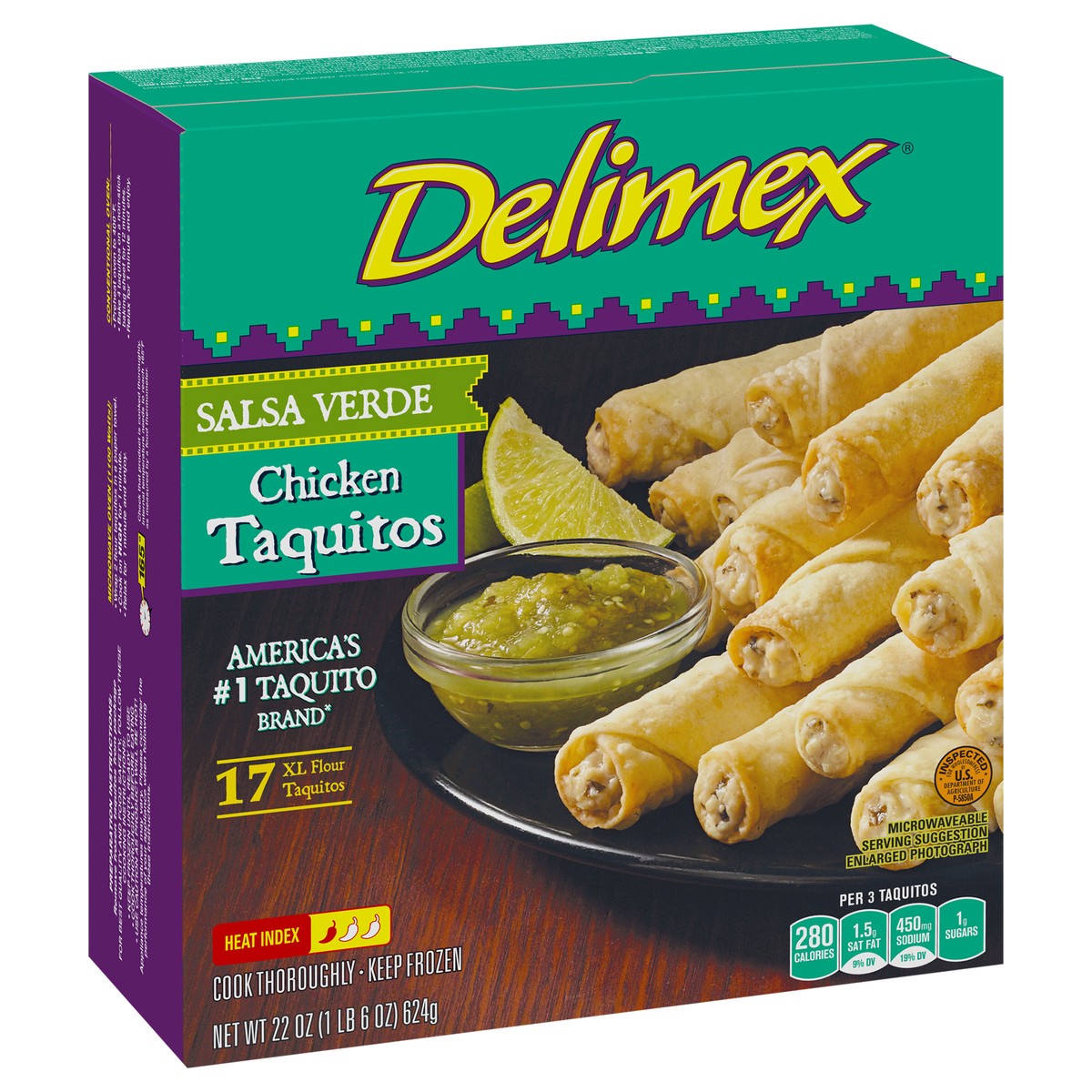 slide 2 of 13, Delimex Chicken Salsa Verde XL Flour Taquitos Frozen Snacks, 17 ct Box, 17 ct