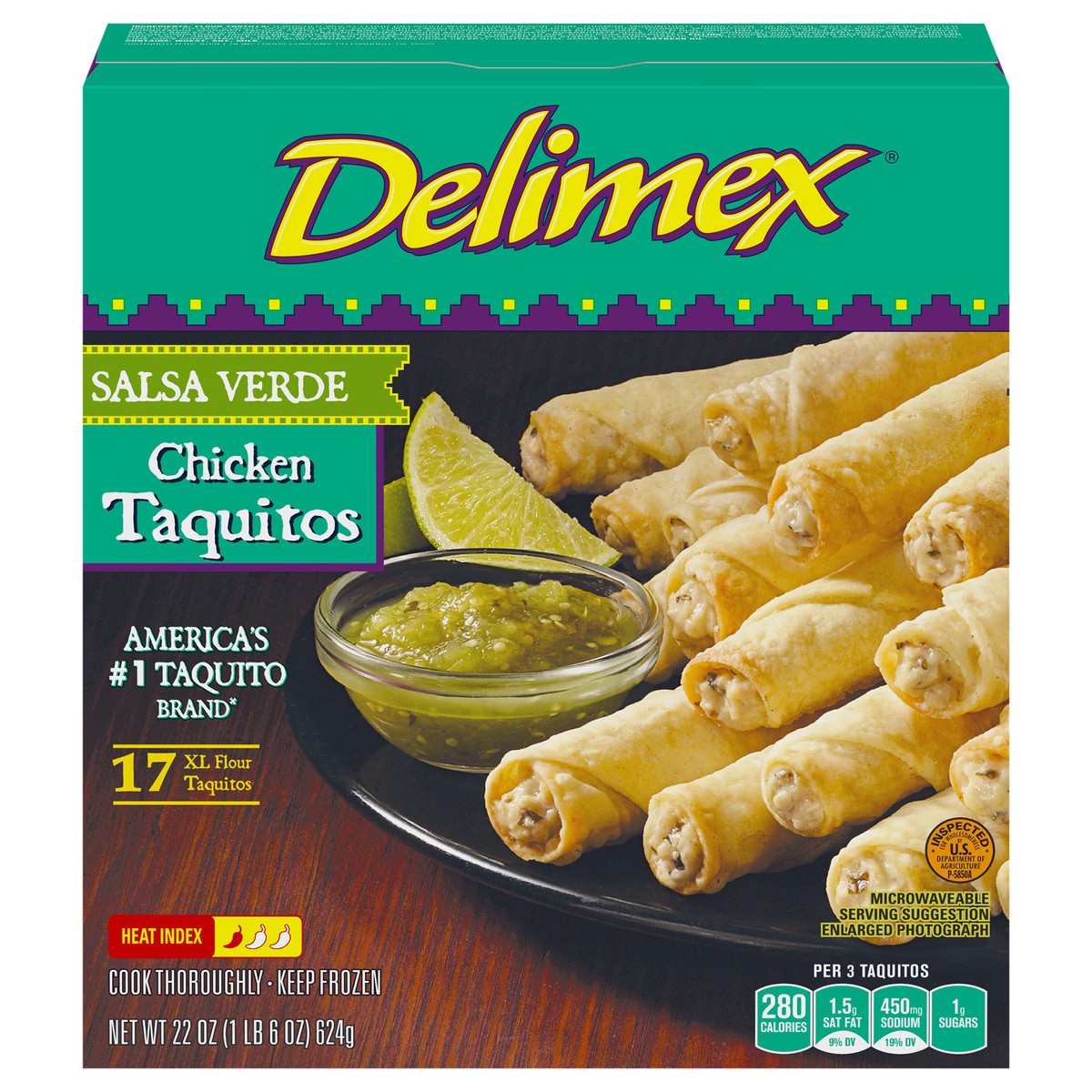 slide 12 of 13, Delimex Chicken Salsa Verde XL Flour Taquitos Frozen Snacks, 17 ct Box, 17 ct