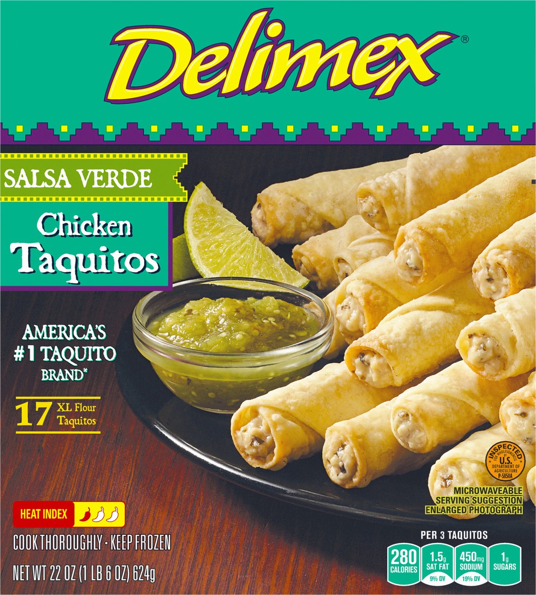 slide 13 of 13, Delimex Chicken Salsa Verde XL Flour Taquitos Frozen Snacks, 17 ct Box, 17 ct