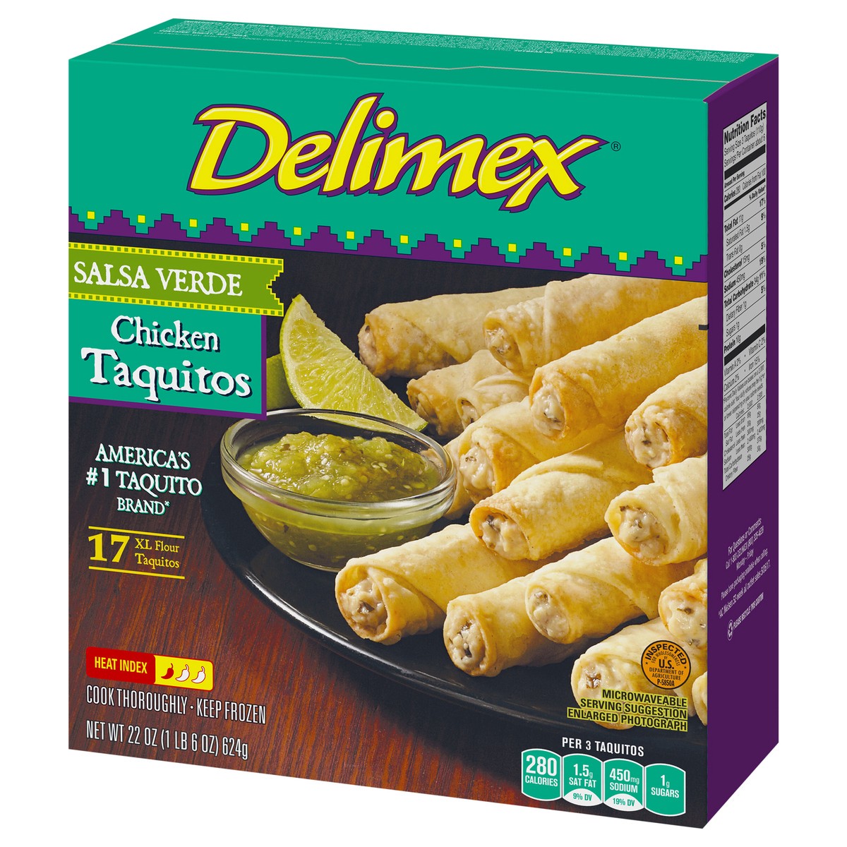 slide 5 of 13, Delimex Chicken Salsa Verde XL Flour Taquitos Frozen Snacks, 17 ct Box, 17 ct