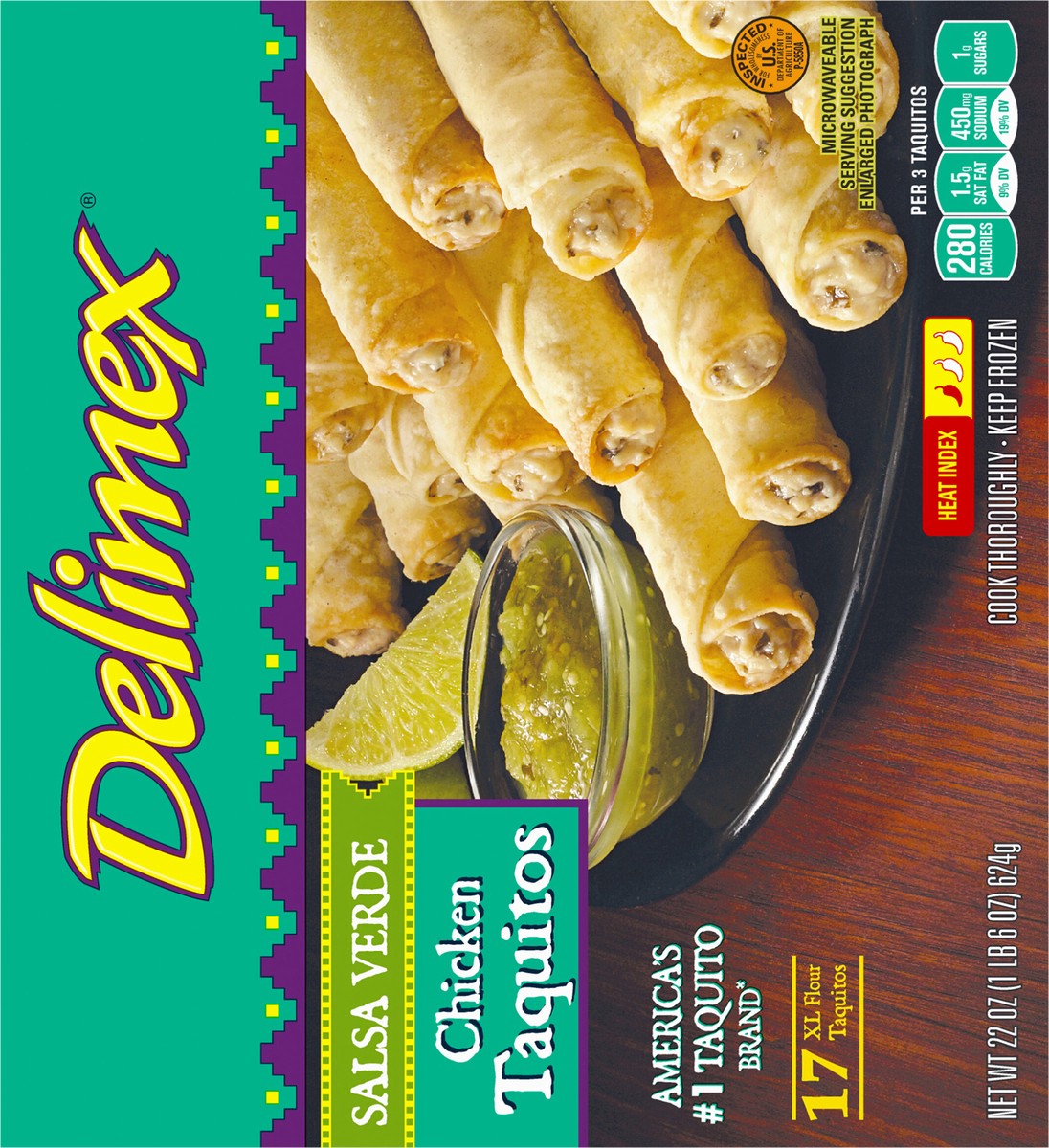 slide 8 of 13, Delimex Chicken Salsa Verde XL Flour Taquitos Frozen Snacks, 17 ct Box, 17 ct