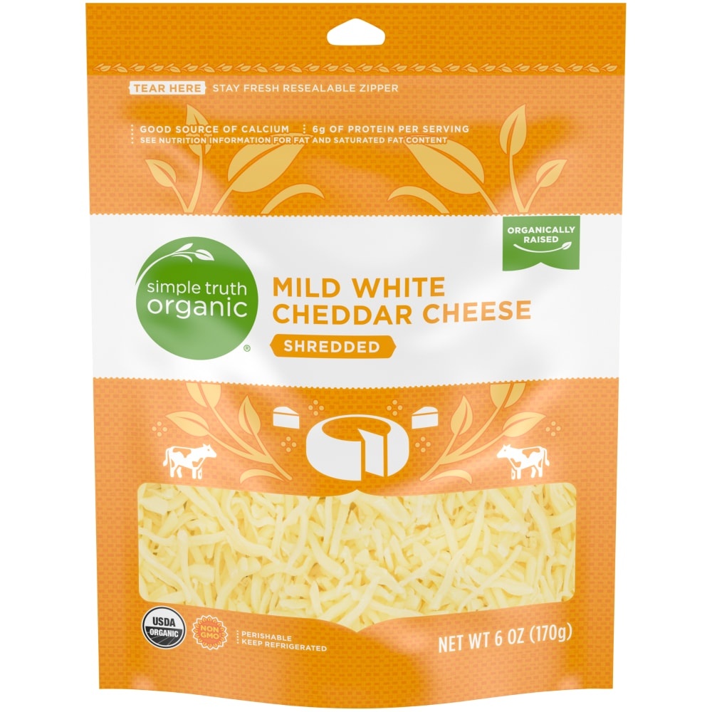 slide 1 of 1, Simple Truth Organic Shredded White Mild Cheddar Cheese Pouch, 6 oz