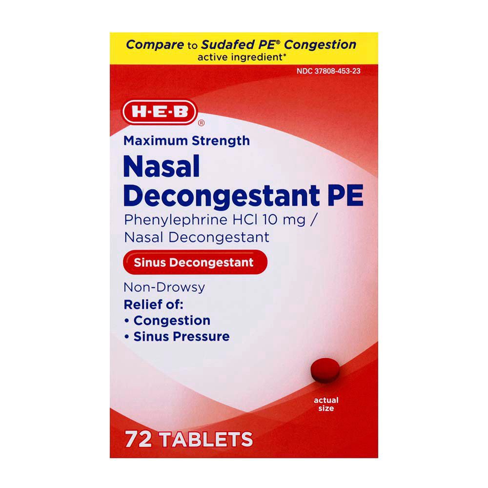 slide 1 of 1, H-E-B Maximum Strength Nasal Decongestant PE Tablets, 72 ct