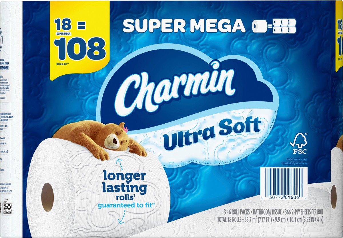 slide 4 of 5, Charmin Ultra Soft Super Mega Roll Toilet Paper Tissue, 18 ct