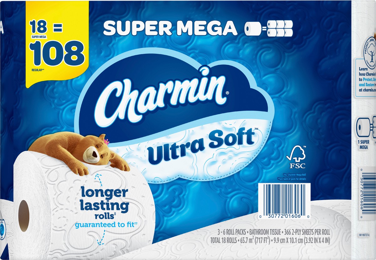 slide 5 of 5, Charmin Ultra Soft Super Mega Roll Toilet Paper Tissue, 18 ct