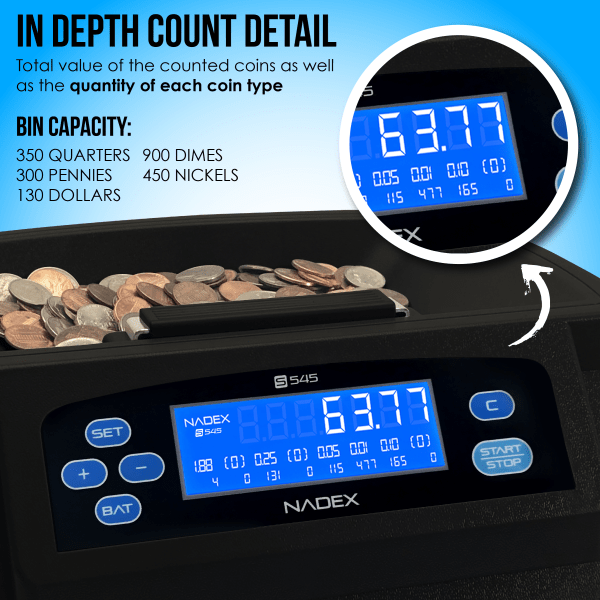 slide 6 of 8, Nadex S545 Coin Counter, Sorter And Wrapper, 10""H X 10""W X 9""D, Black, 1 ct