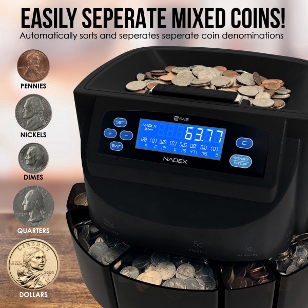 slide 5 of 8, Nadex S545 Coin Counter, Sorter And Wrapper, 10""H X 10""W X 9""D, Black, 1 ct