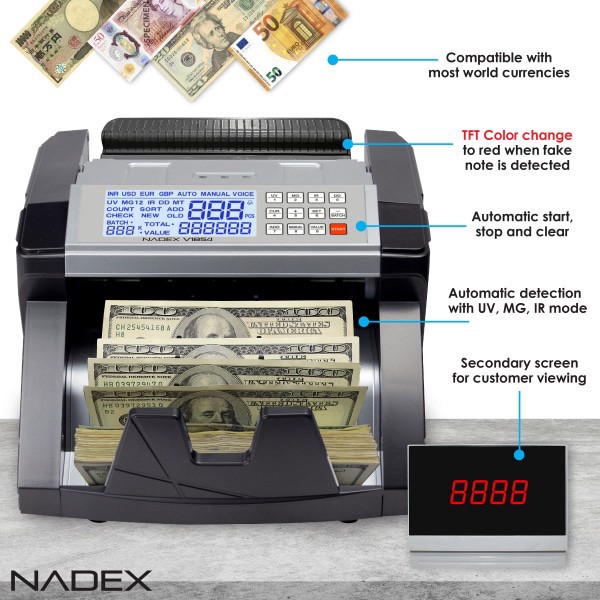 slide 4 of 8, Nadex V1854 Money Counter, Counterfeit Detector And Single Denomination Bill Counter, 11""H X 11""W X 5""D, 1 ct