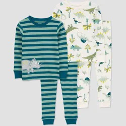 Carter's Just One You®️ Toddler Boys' 4pc Snug Fit Cotton Long Sleeve Stripe Dino Pajama Set - Green 12M