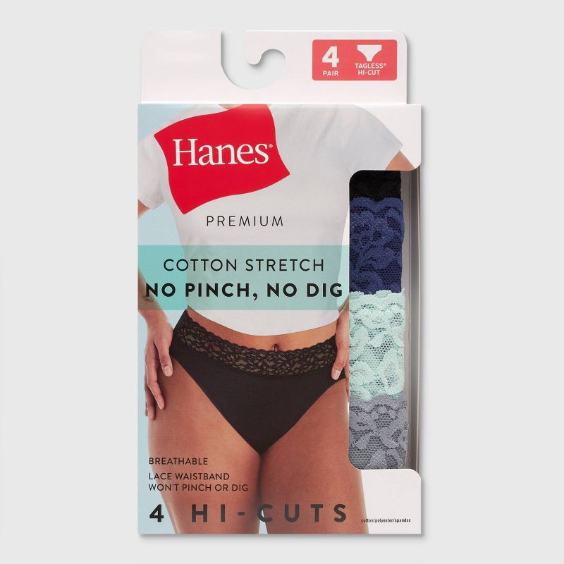 slide 2 of 6, Hanes Premium Hanes Women's 4pk Lace Hi-Cut Underwear - Black/Blue/Gray M: Tagless, Lightweight Knit, Medium, 4 ct