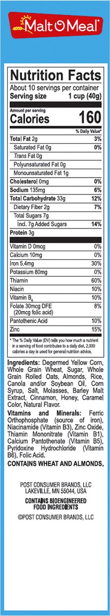 slide 3 of 9, Malt-O-Meal Honey and Oat Blenders with Almonds Breakfast Cereal, Small Size Bulk Bagged Cereal, 13.5 Ounce - 1 count, 13.5 oz