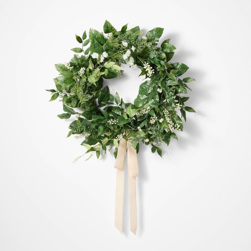 slide 1 of 4, Threshold designed w/Studio McGee Floral Wreath with Ribbon White - Threshold™ designed with Studio McGee, 1 ct