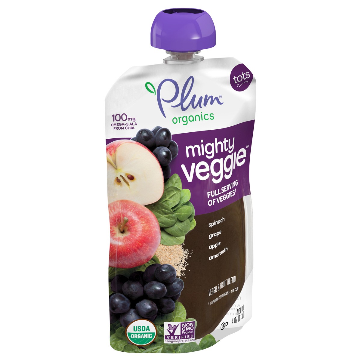 slide 6 of 8, Plum Organics Mighty Veggie Veggie & Fruit Blend - Spinach, Grape, Apple & Amaranth 4oz Pouch, 4 oz