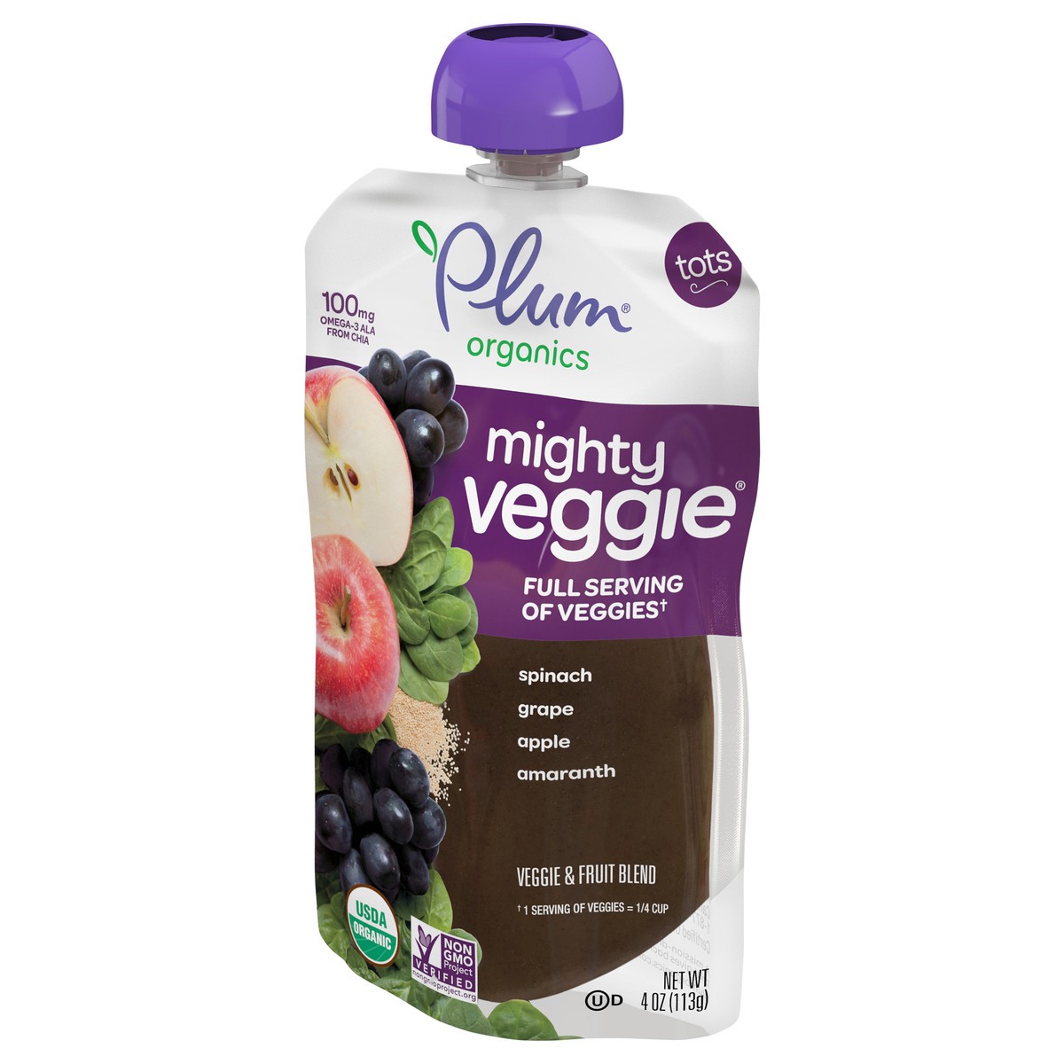 slide 4 of 8, Plum Organics Mighty Veggie Veggie & Fruit Blend - Spinach, Grape, Apple & Amaranth 4oz Pouch, 4 oz