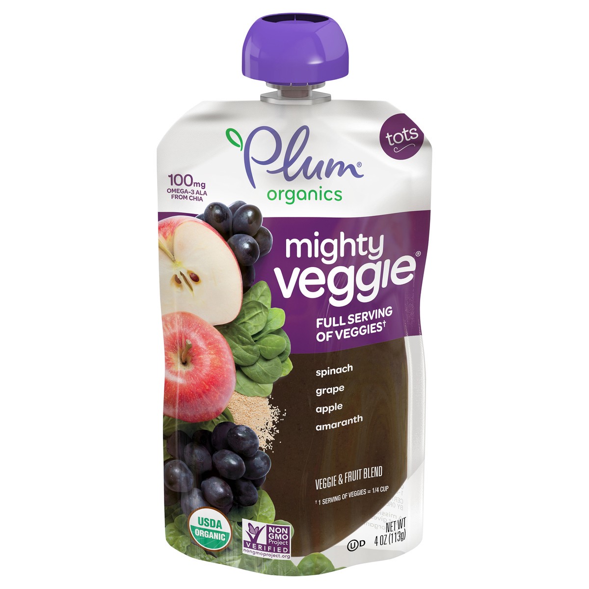 slide 1 of 8, Plum Organics Mighty Veggie Veggie & Fruit Blend - Spinach, Grape, Apple & Amaranth 4oz Pouch, 4 oz