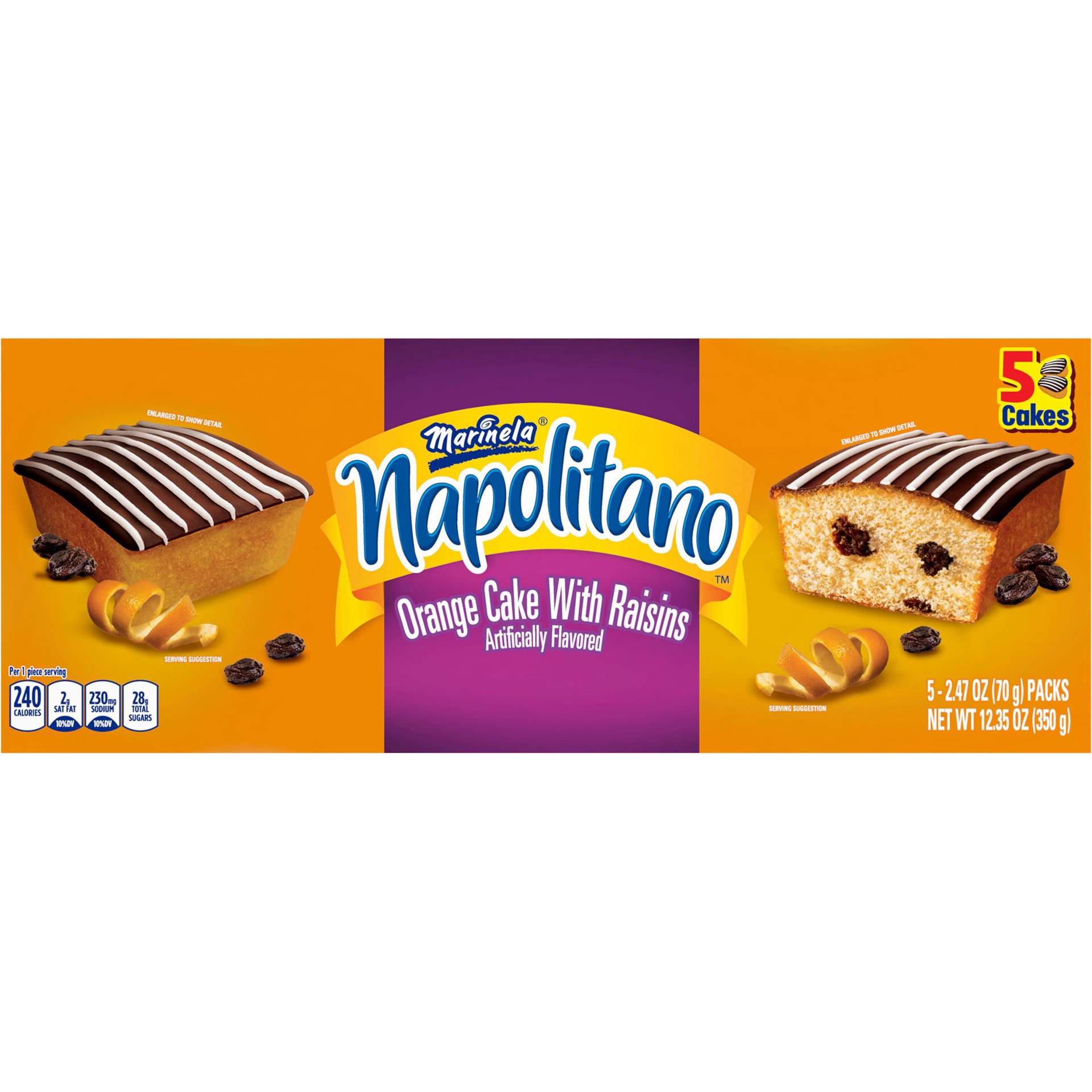 slide 1 of 7, Marinela Napolitano Orange Cake with Raisins, 5 packs, Snack Cakes, 12.35 oz Box, 5 ct