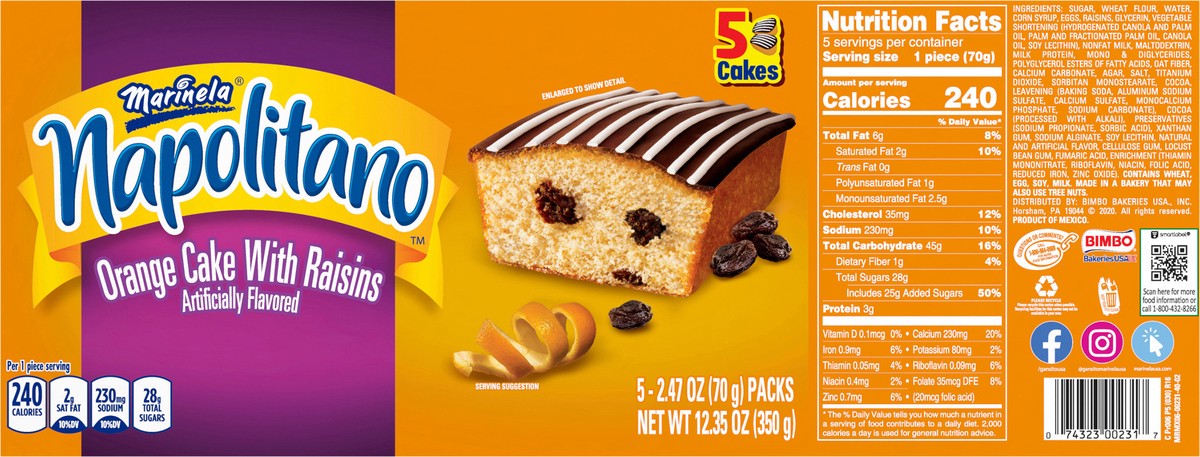 slide 5 of 7, Marinela Napolitano Orange Cake with Raisins, 5 packs, Snack Cakes, 12.35 oz Box, 5 ct