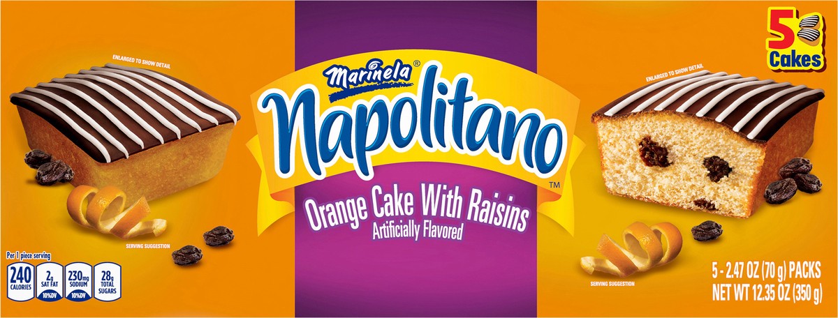 slide 3 of 7, Marinela Napolitano Orange Cake with Raisins, 5 packs, Snack Cakes, 12.35 oz Box, 5 ct