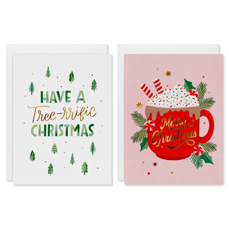slide 1 of 5, American Greetings 10ct Blank Design Christmas Cards Boxed with Envelopes Christmas Mug and Tree-rific Christmas, 10 ct