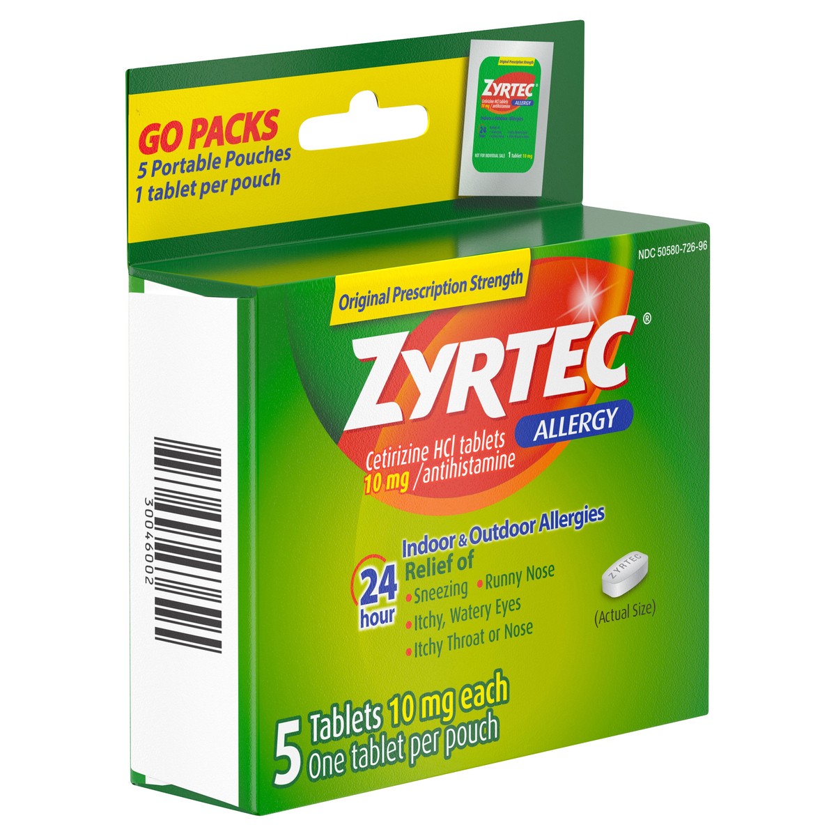 slide 2 of 6, Zyrtec 24 Hour Allergy Relief Tablets, Allergy Medicine with 10 mg Cetirizine HCl per Antihistamine Tablet for Allergies, On-the-Go Relief, Individual Travel Pouches, 5 ct, (5 x 1 ct), 5 ct