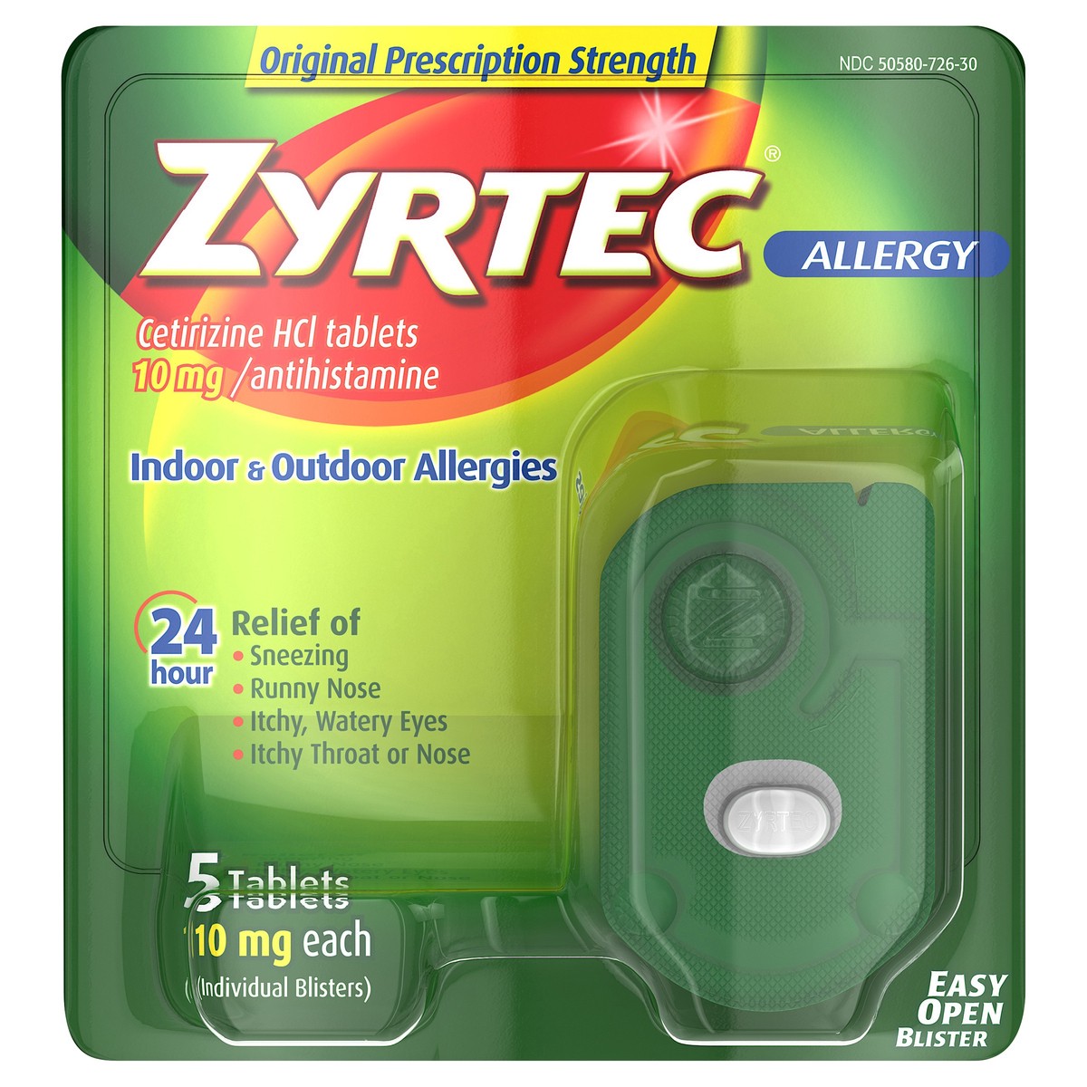 slide 4 of 6, Zyrtec 24 Hour Allergy Relief Tablets, Allergy Medicine with 10 mg Cetirizine HCl per Antihistamine Tablet for Allergies, On-the-Go Relief, Individual Travel Pouches, 5 ct, (5 x 1 ct), 5 ct