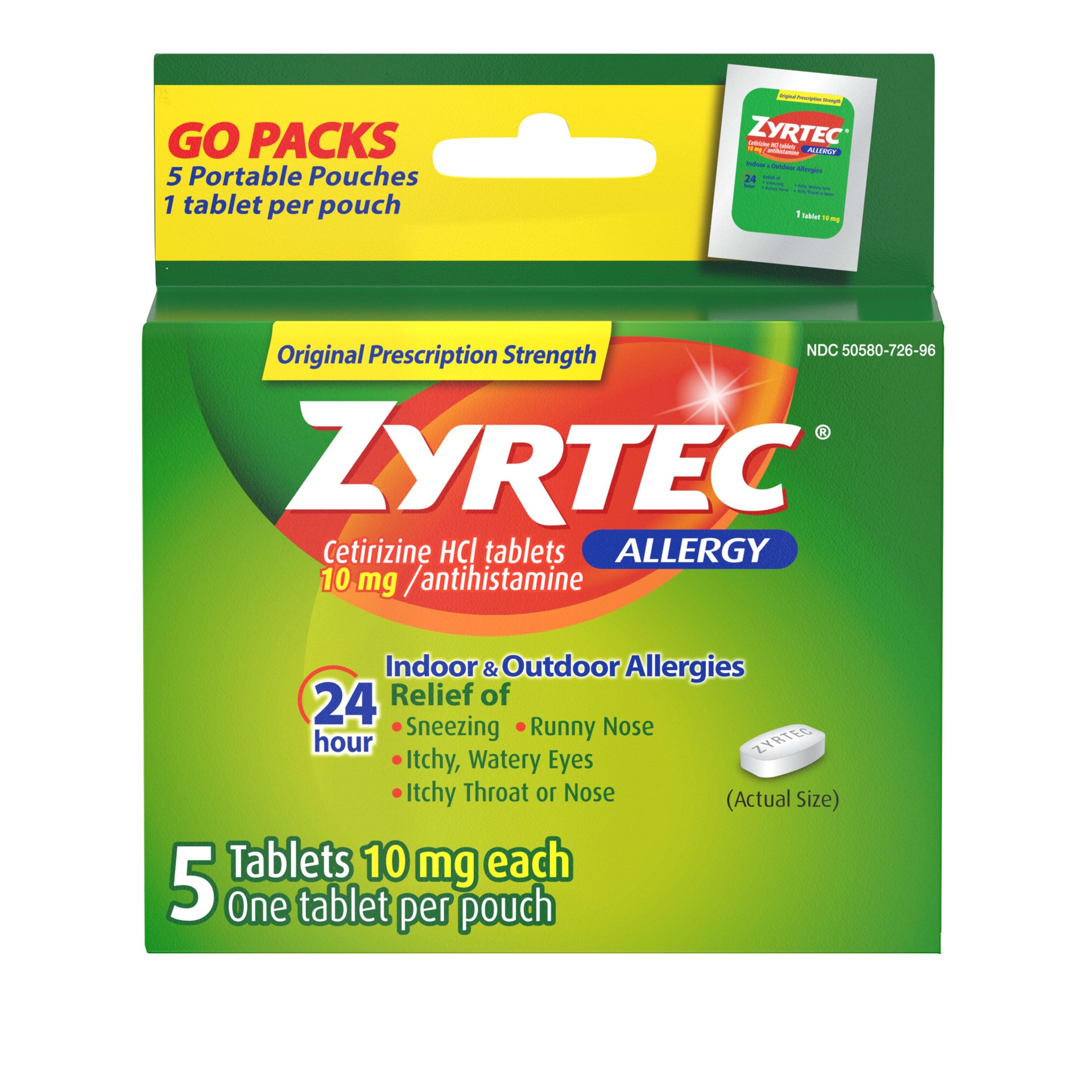 slide 1 of 6, Zyrtec 24 Hour Allergy Relief Tablets, Allergy Medicine with 10 mg Cetirizine HCl per Antihistamine Tablet for Allergies, On-the-Go Relief, Individual Travel Pouches, 5 ct, (5 x 1 ct), 5 ct