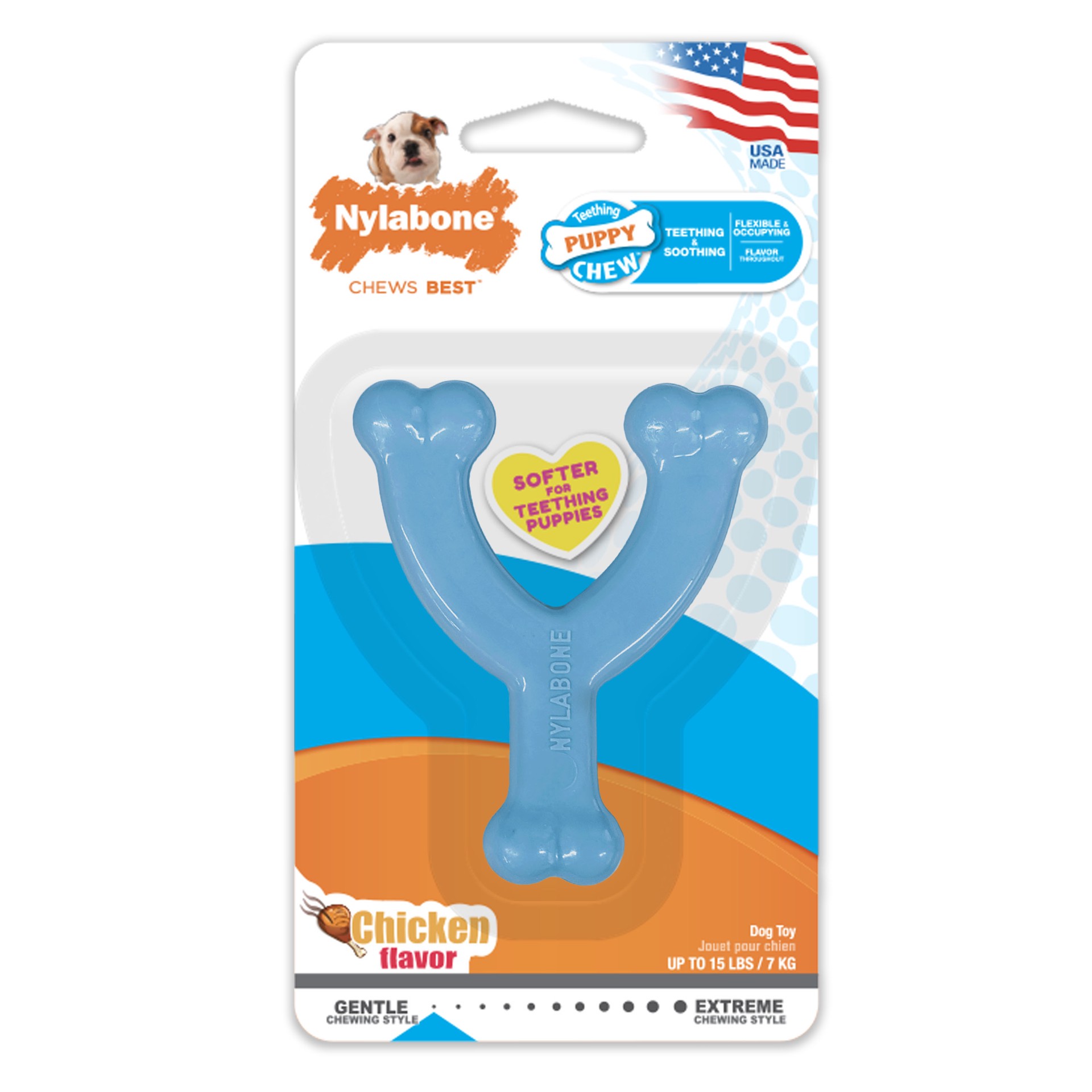 slide 1 of 10, Nylabone Puppy Chew Toy Wishbone Chicken Blue X-Small/Petite - Up to 15 lbs.(1 Count), 1 ct
