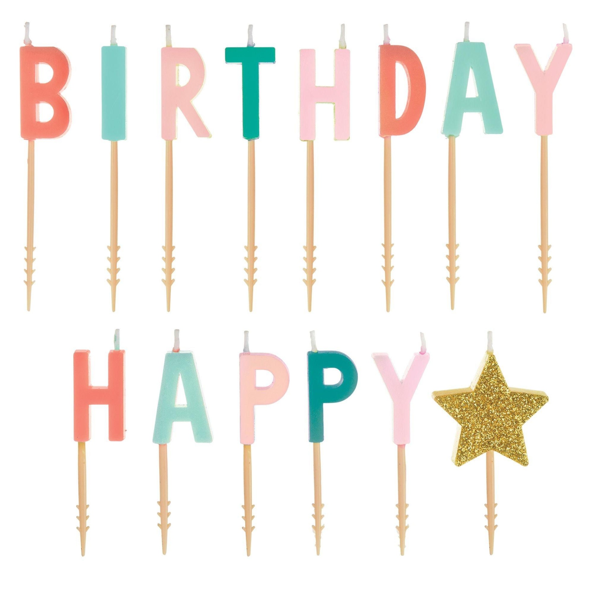 slide 1 of 1, Party City Glitter Happy Cake Day Birthday Toothpick Candle Set, 14 ct