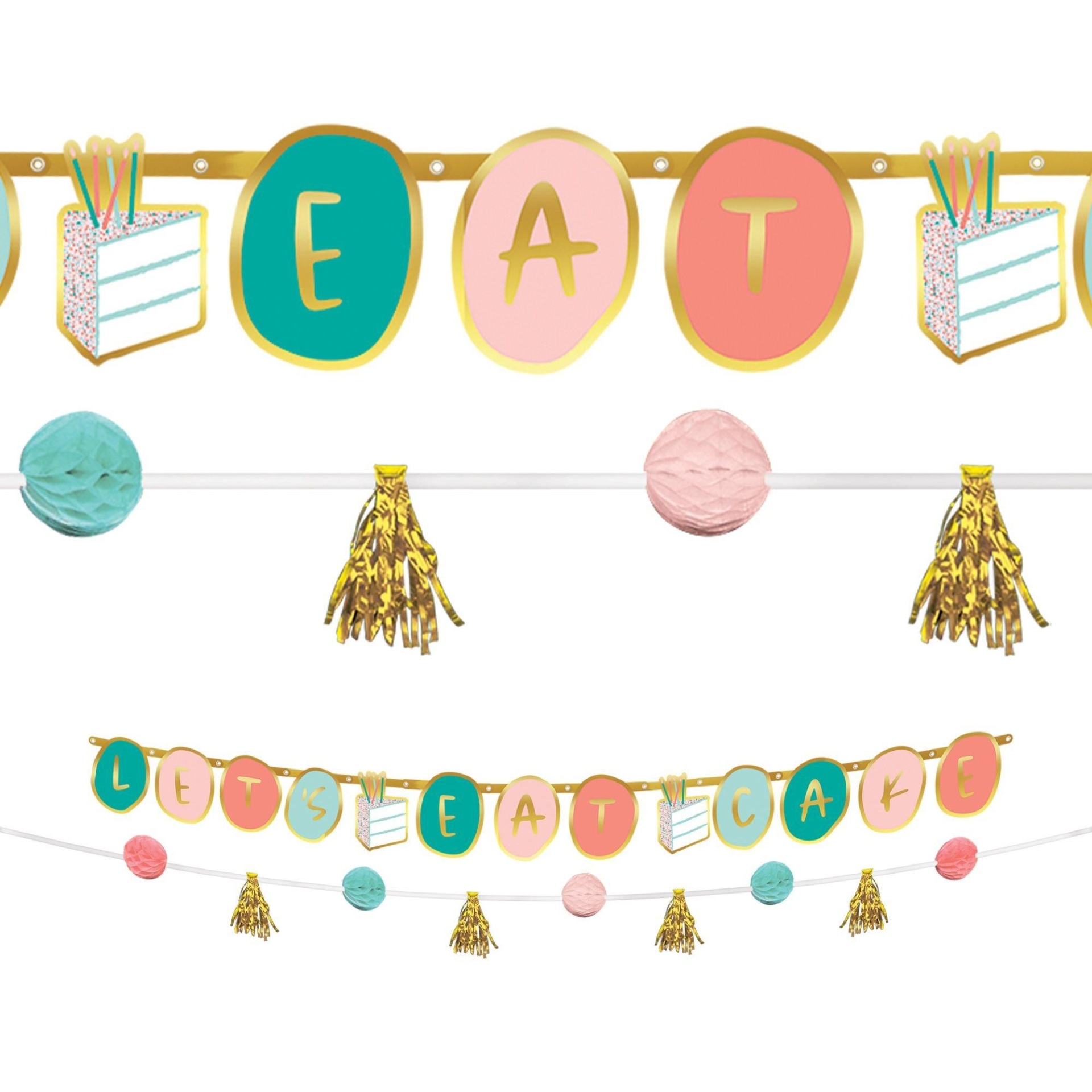 slide 1 of 1, Party City Metallic Happy Cake Day Banners, 2 ct