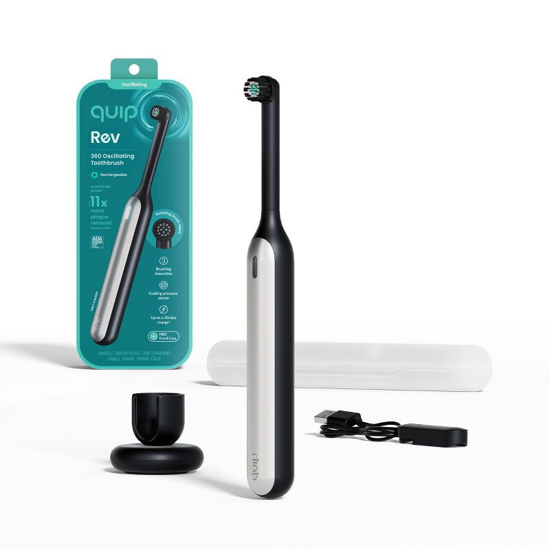 slide 1 of 20, quip Rev Oscillating Rechargeable Electric Toothbrush + Travel Case - Black/Silver, 1 ct