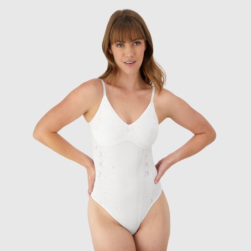 slide 1 of 5, Maidenform Women's Shapewear Seamless Lace Bodysuit with Light Shaping MST008 - White L: Nylon Spandex Knit, 1 ct