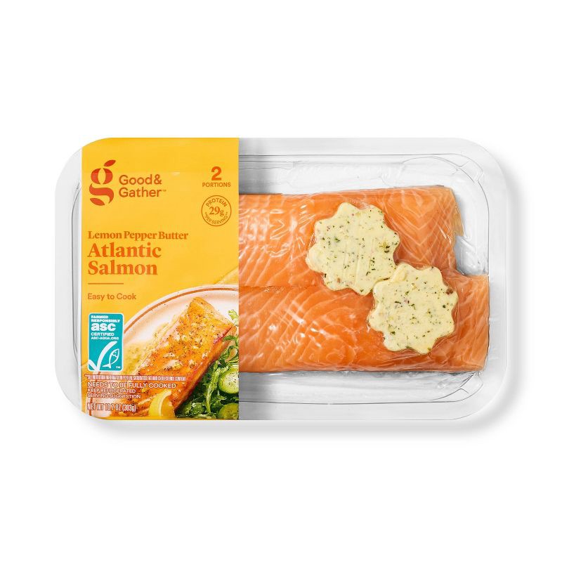 slide 1 of 3, Skin-On Atlantic Salmon with Lemon Pepper Butter - 10.7oz/2pk - Good & Gather™, 10.7 oz, 2 ct