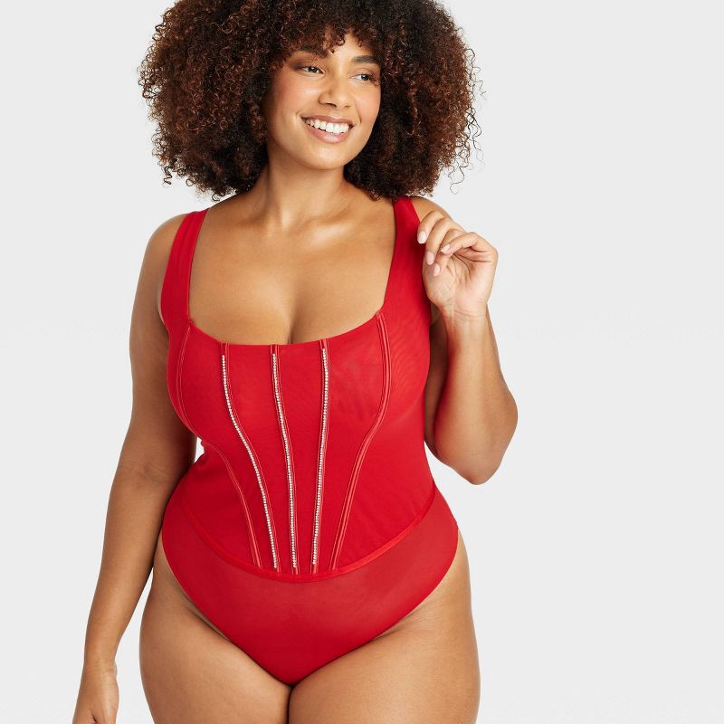 slide 3 of 5, Women's Rhinestone Lingerie Bodysuit - Auden™ Red XXL, 1 ct
