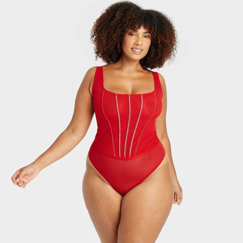 slide 1 of 5, Women's Rhinestone Lingerie Bodysuit - Auden™ Red XXL, 1 ct