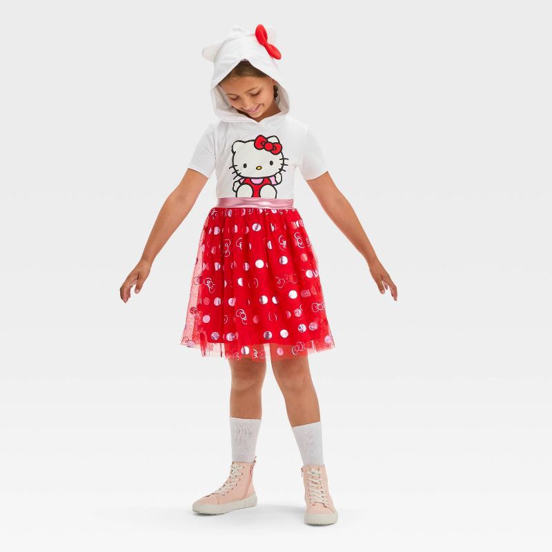 slide 4 of 4, Girls' Hello Kitty Hooded Cosplay Short Sleeve Tutu Dress - Red/White L, 1 ct