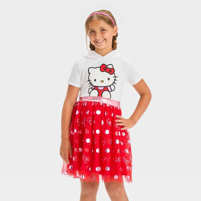 slide 1 of 4, Girls' Hello Kitty Hooded Cosplay Short Sleeve Tutu Dress - Red/White L, 1 ct