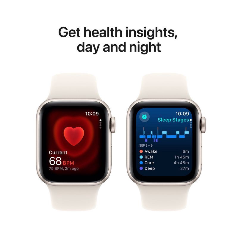 slide 5 of 8, Apple Watch SE GPS + Cellular (2024) 40mm Starlight Aluminum Case with Starlight Sport Band - S/M, 1 ct