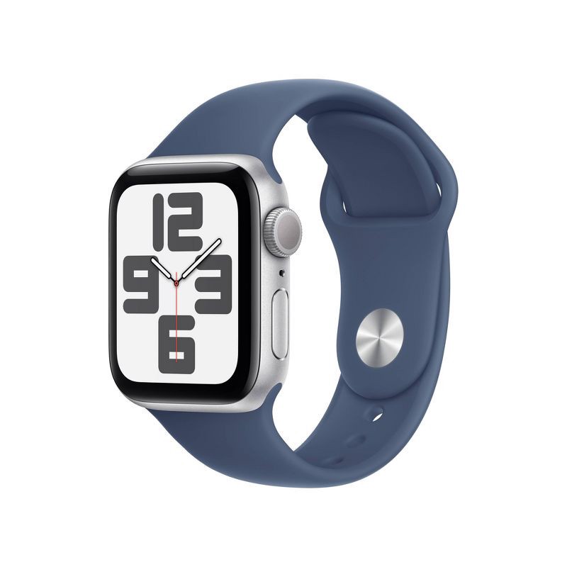 slide 1 of 8, Apple Watch SE GPS (2024) 40mm Silver Aluminum Case with Denim Sport Band - S/M, 1 ct