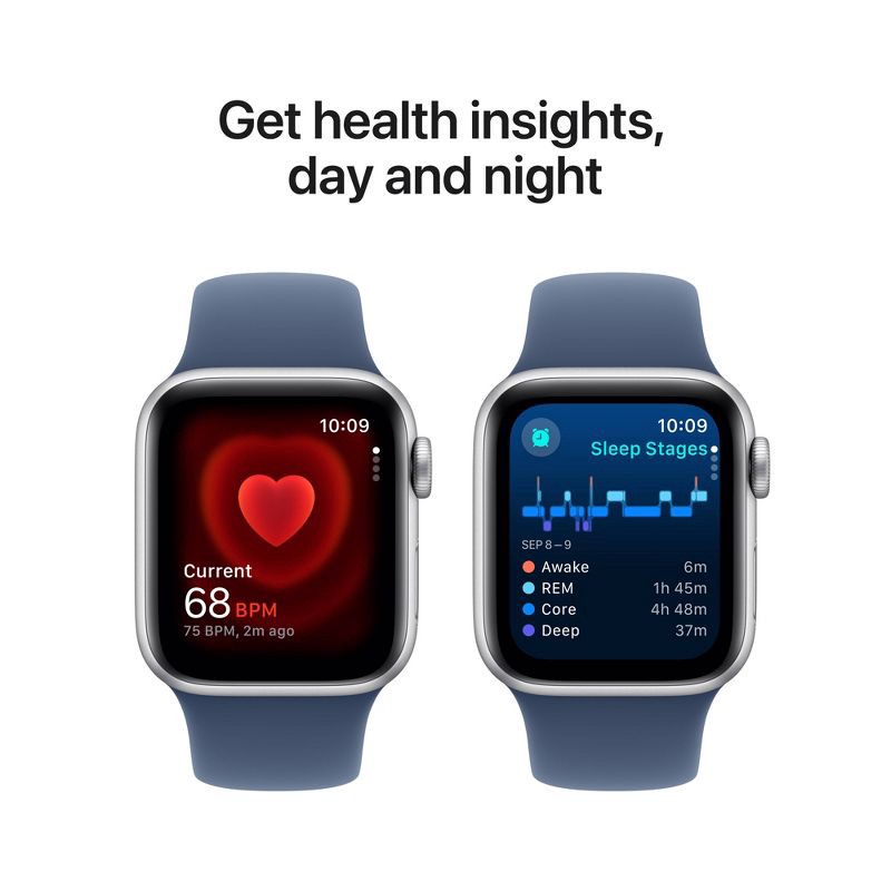 slide 5 of 8, Apple Watch SE GPS (2024) 40mm Silver Aluminum Case with Denim Sport Band - S/M, 1 ct