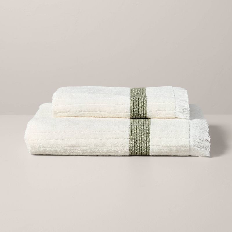 slide 3 of 4, Hearth & Hand with Magnolia Textured Stripe Terry Bath Towel with Fringe Green/Cream - Hearth & Hand™ with Magnolia, 1 ct