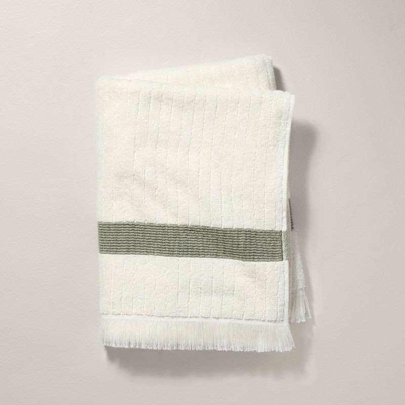 slide 1 of 4, Hearth & Hand with Magnolia Textured Stripe Terry Bath Towel with Fringe Green/Cream - Hearth & Hand™ with Magnolia, 1 ct