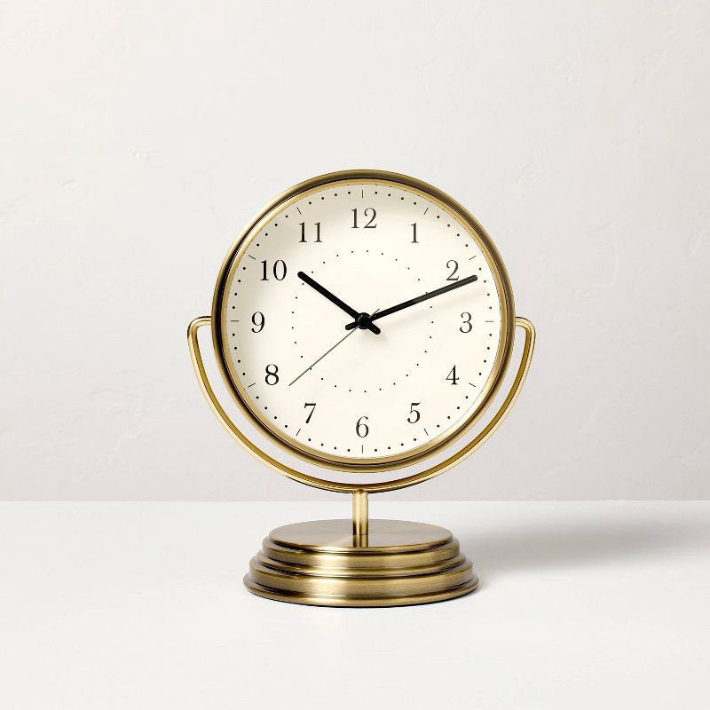 slide 1 of 3, Hearth & Hand with Magnolia Brass Analog Circular Pedestal Table Clock - Hearth & Hand™ with Magnolia, 1 ct