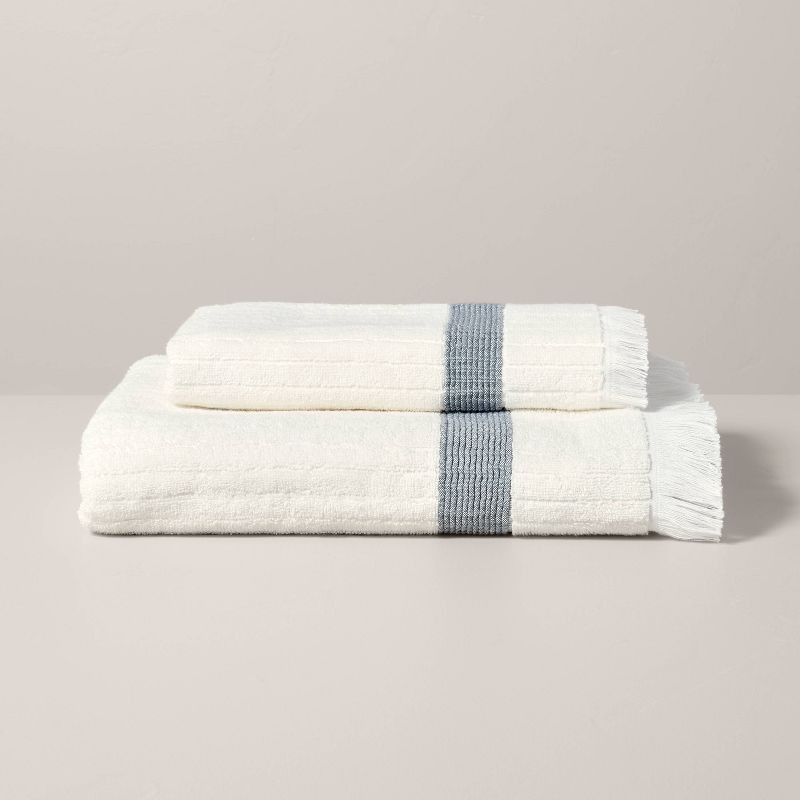slide 3 of 4, Hearth & Hand with Magnolia Textured Stripe Terry Bath Towel with Fringe Blue/Cream - Hearth & Hand™ with Magnolia, 1 ct