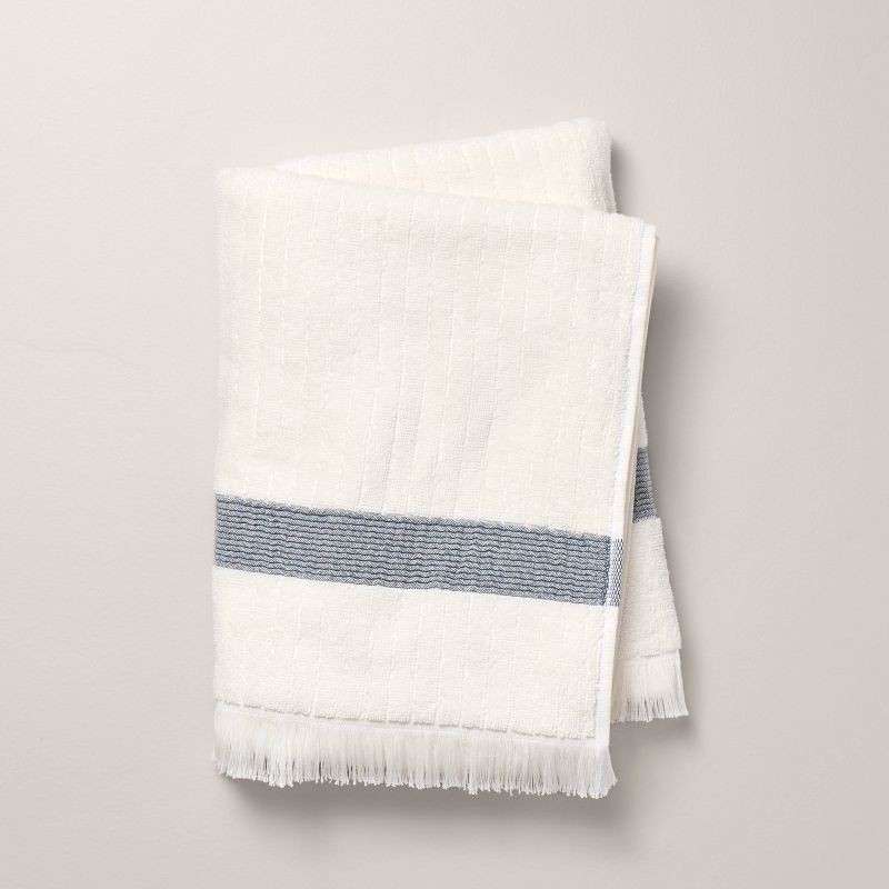 slide 1 of 4, Hearth & Hand with Magnolia Textured Stripe Terry Bath Towel with Fringe Blue/Cream - Hearth & Hand™ with Magnolia, 1 ct