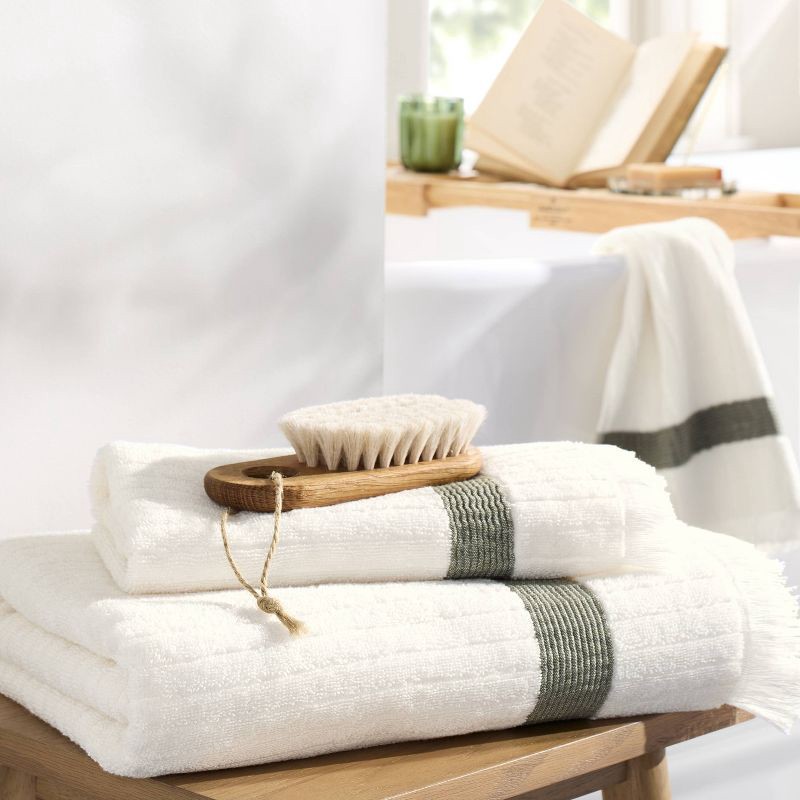 slide 2 of 4, Hearth & Hand with Magnolia Textured Stripe Terry Hand Towel with Fringe Green/Cream - Hearth & Hand™ with Magnolia, 1 ct