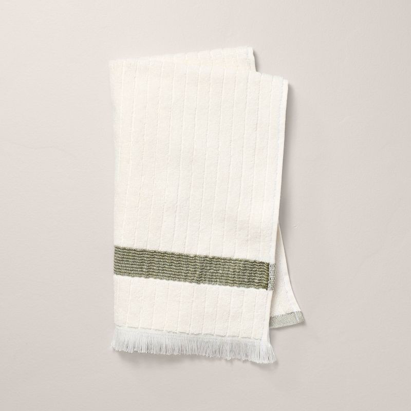 slide 1 of 4, Hearth & Hand with Magnolia Textured Stripe Terry Hand Towel with Fringe Green/Cream - Hearth & Hand™ with Magnolia, 1 ct