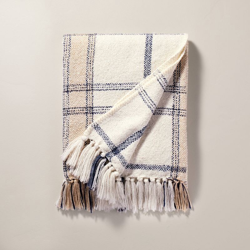 slide 1 of 3, Hearth & Hand with Magnolia Soft Woven Plaid Throw Blanket Sour Cream/Blue - Hearth & Hand™ with Magnolia, 1 ct