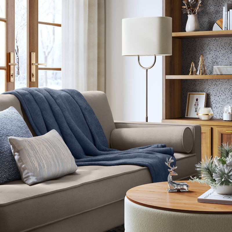 slide 2 of 5, Chenille Throw Blanket with Faux Shearling Reverse Blue - Threshold™: Lightweight, Knitted, 50x70 inches, Machine Washable, 1 ct