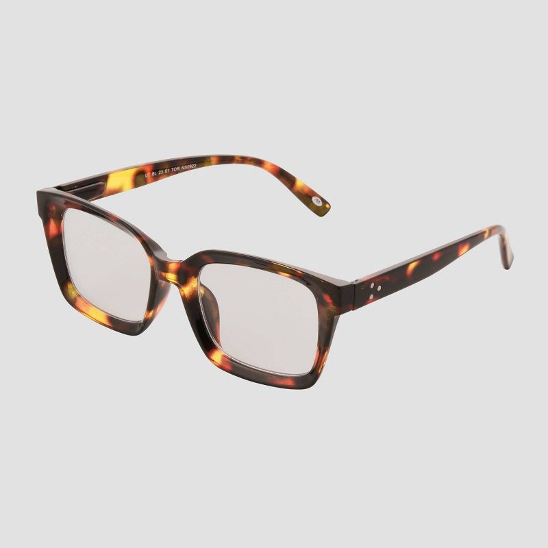 slide 2 of 2, Women's Shiny Plastic Rectangle Blue Light Filtering Reading Glasses - Universal Thread™ Brown/Tortoise Print Diopter 1: Medium Fit, 1 ct