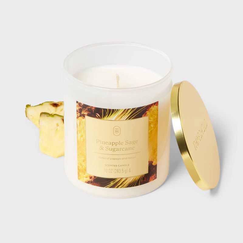 slide 3 of 3, 10oz Glass Jar Candle with Lid Pineapple Sage and Sugarcane - Threshold™, 10 oz